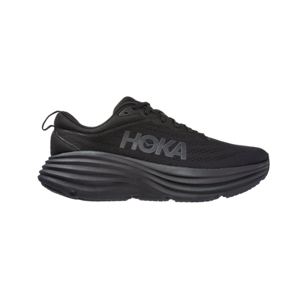 A black HOKA BONDI 8 BLACK/BLACK - MENS neutral running shoe with a prominent sole and logo on the side, isolated on a white background.