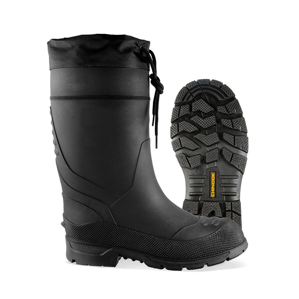 A pair of Chinook Trading Company CHINOOK BADAXE WP ST 15 INCH BLACK - MENS winter boots with thick, non-slip soles displayed against a white background.