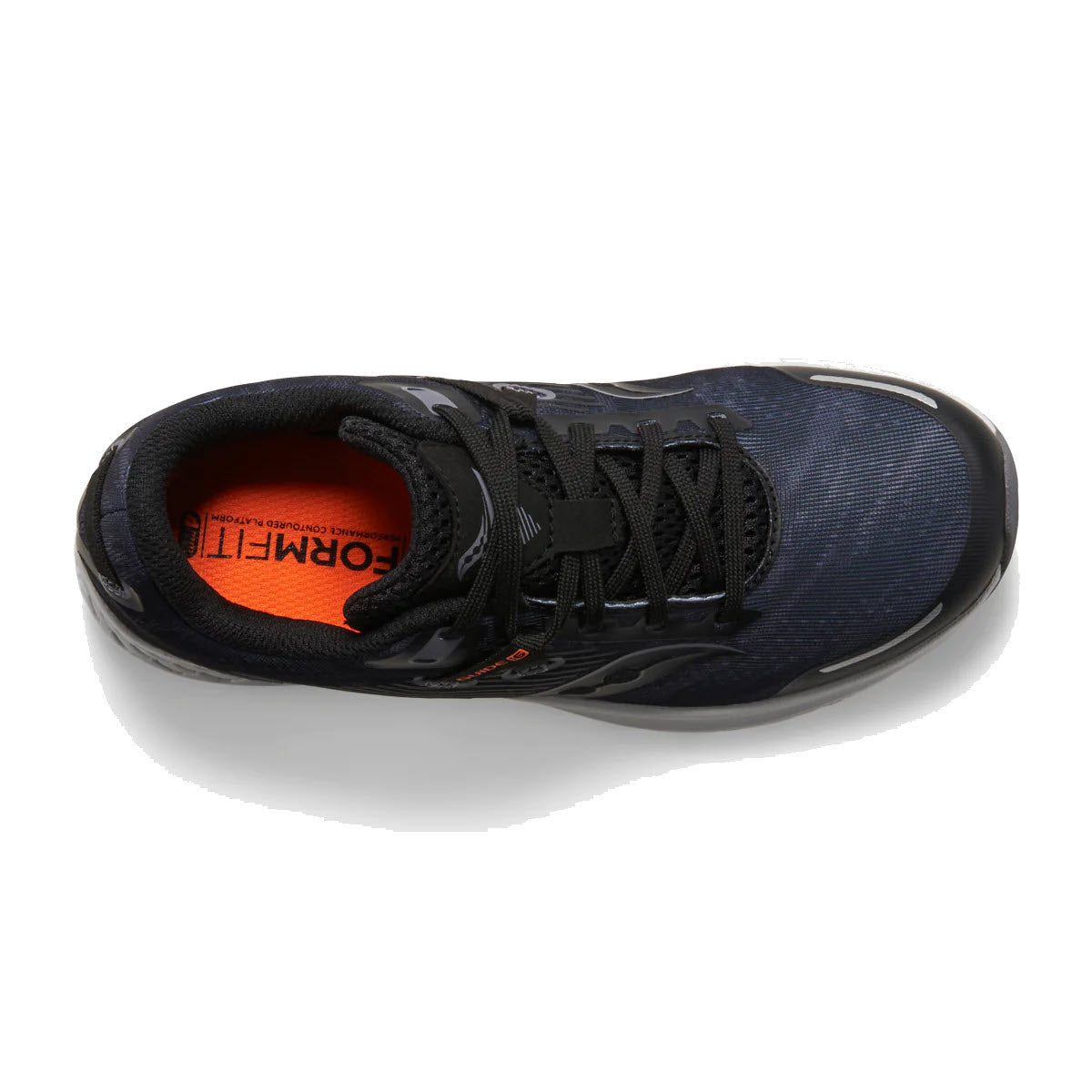 Top view of a black and blue Saucony Guide 16 running shoe with orange insole and black laces on a white background.