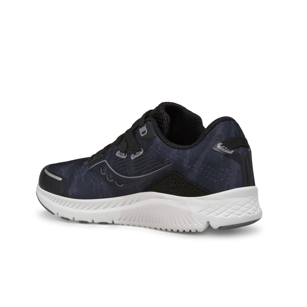 A single navy blue Saucony Guide 16 Black/White kid&#39;s road sneaker with a white sole, side angle view, isolated on a white background.