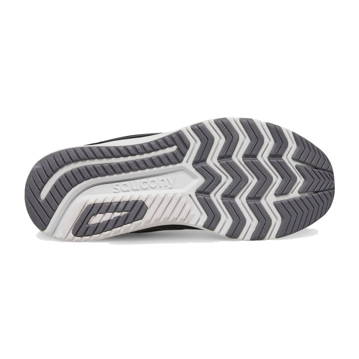 Bottom view of a Saucony Guide 16 Black/White shoe showcasing its gray and white zigzag tread pattern with the brand name visible, tailored as a kid&#39;s road sneaker.
