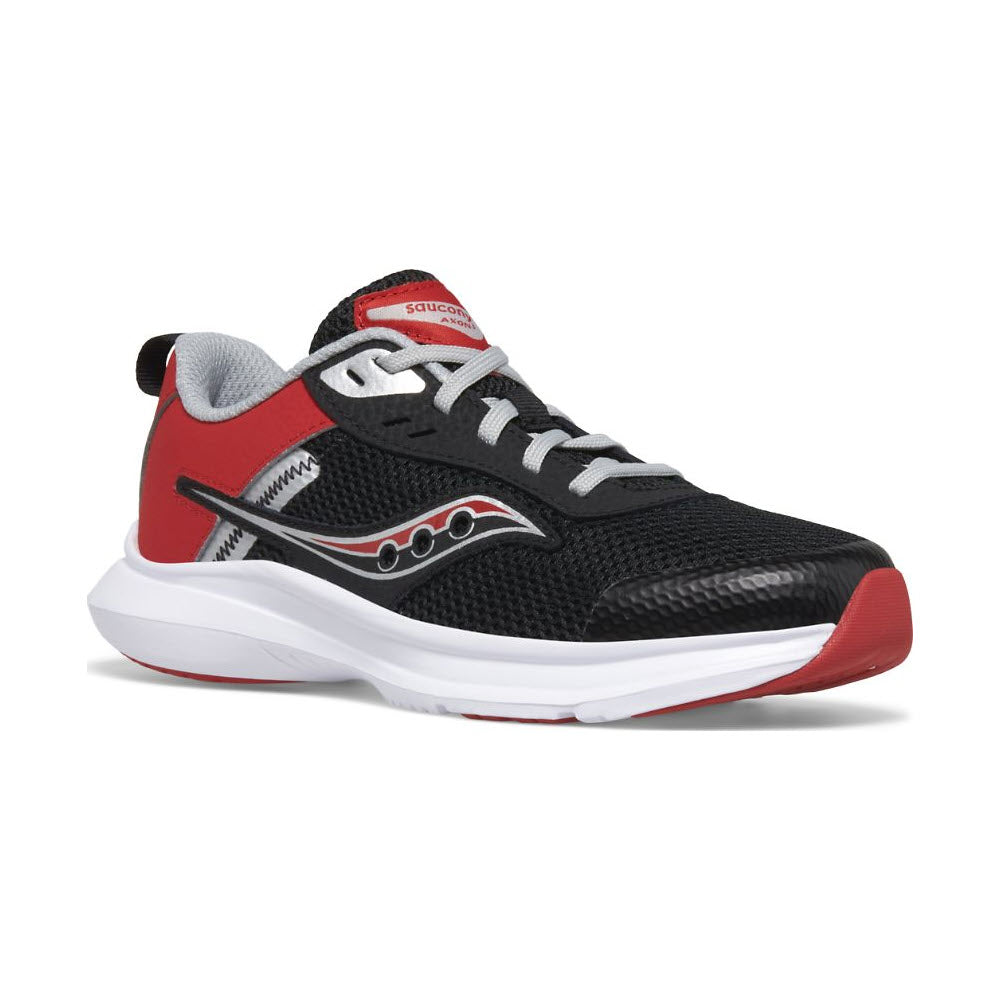 A single black and red Saucony kids&#39; SAUCONY AXON 3 INFRARED/BLACK running shoe with a white sole, displayed against a white background.