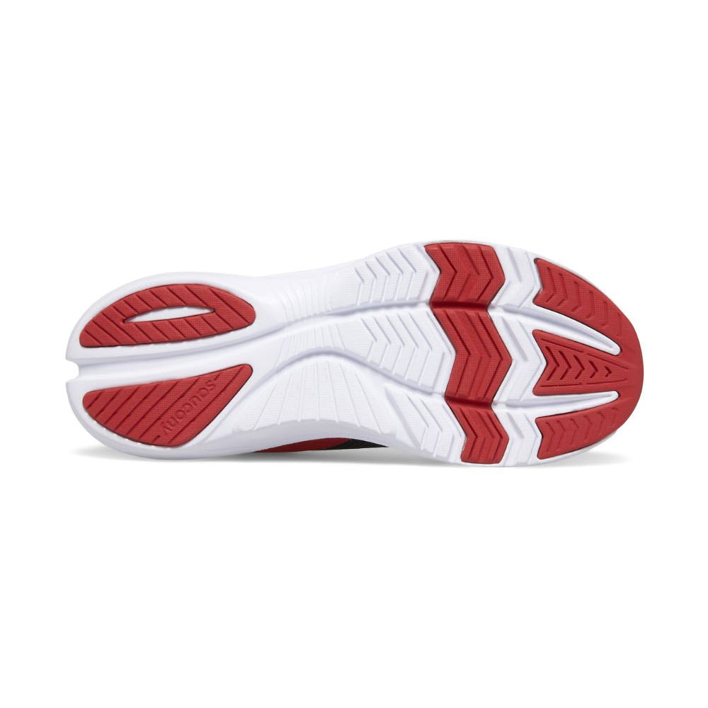 White and red rubber sole of a Saucony sports shoe with tread pattern and brand name embossed, featuring a leather and mesh upper.