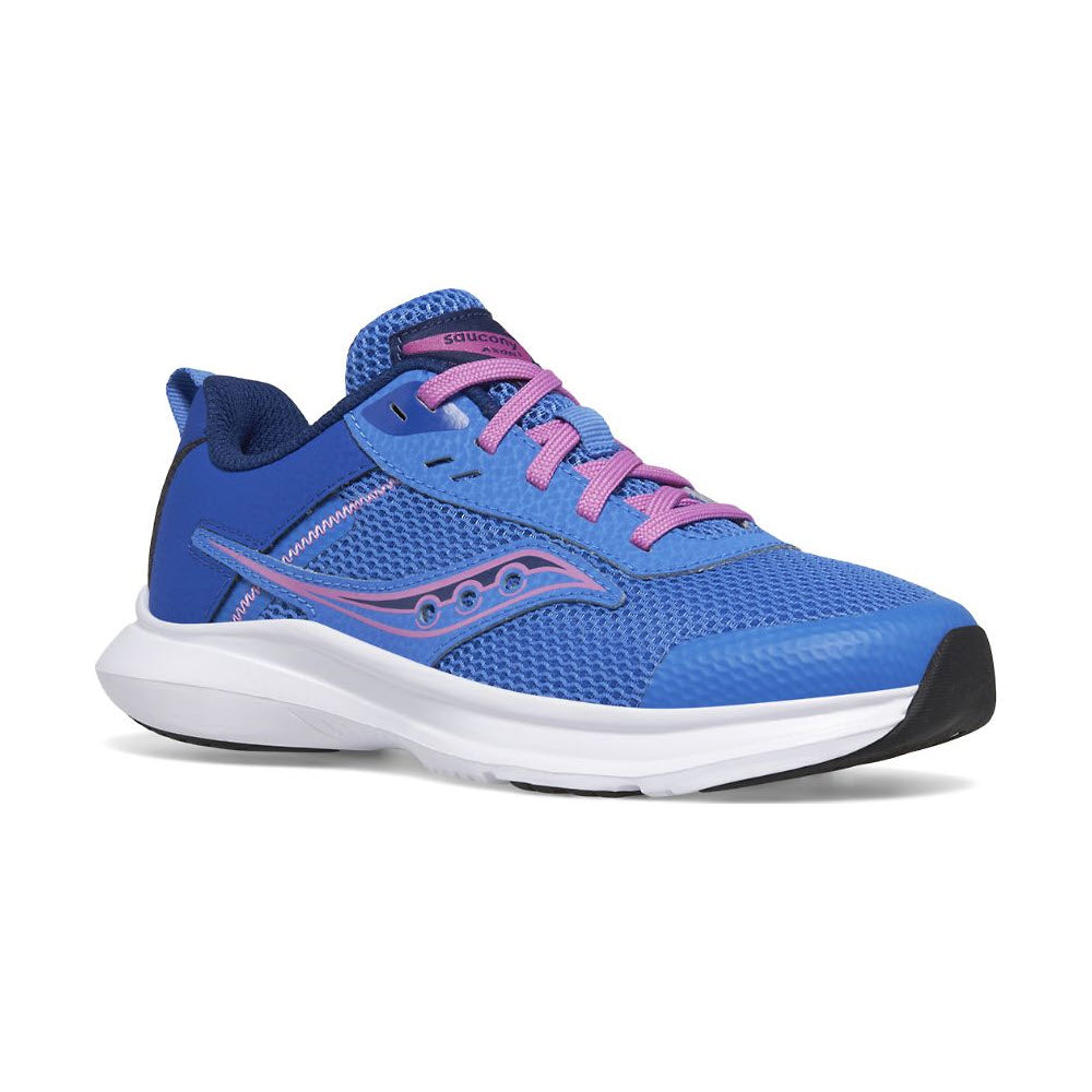 Blue and pink kids&#39; Saucony Axon 3 running shoe with mesh upper and white sole, displayed in a profile view on a white background.