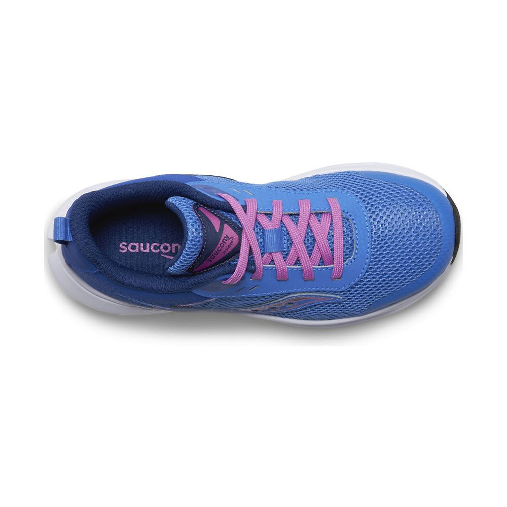 Top view of a Saucony Axon 3 Bluelight/Grape sneakers in blue with pink laces on a white background.