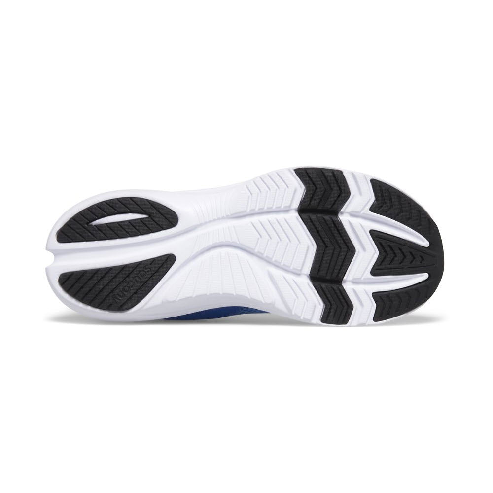 Bottom view of a white and black rubber sole of a kids&#39; Saucony Axon 3 sports shoe with traction patterns and branding.