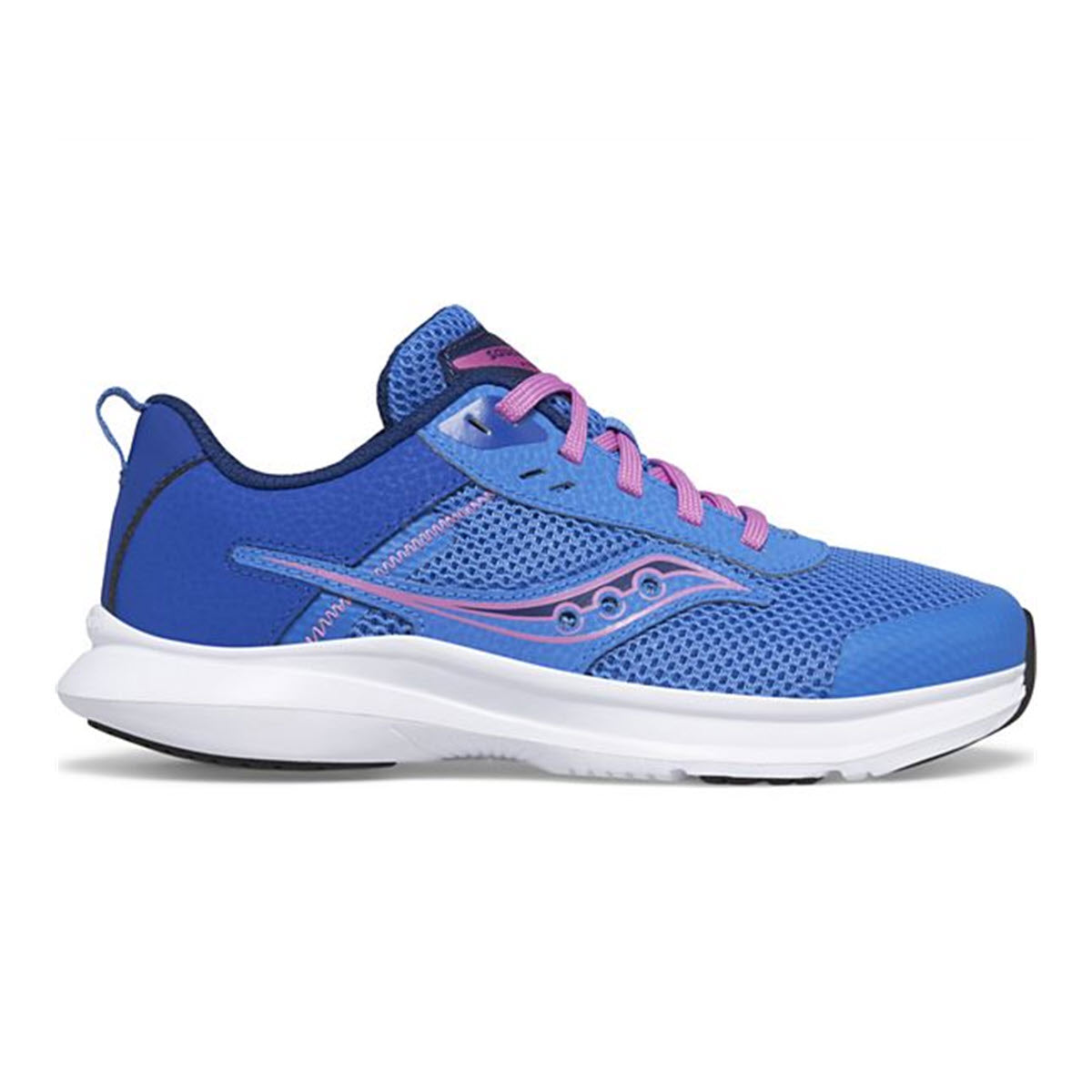 A blue and pink kids&#39; Saucony Axon 3 running shoe with white soles, featuring breathable mesh and a wavy design on the side.