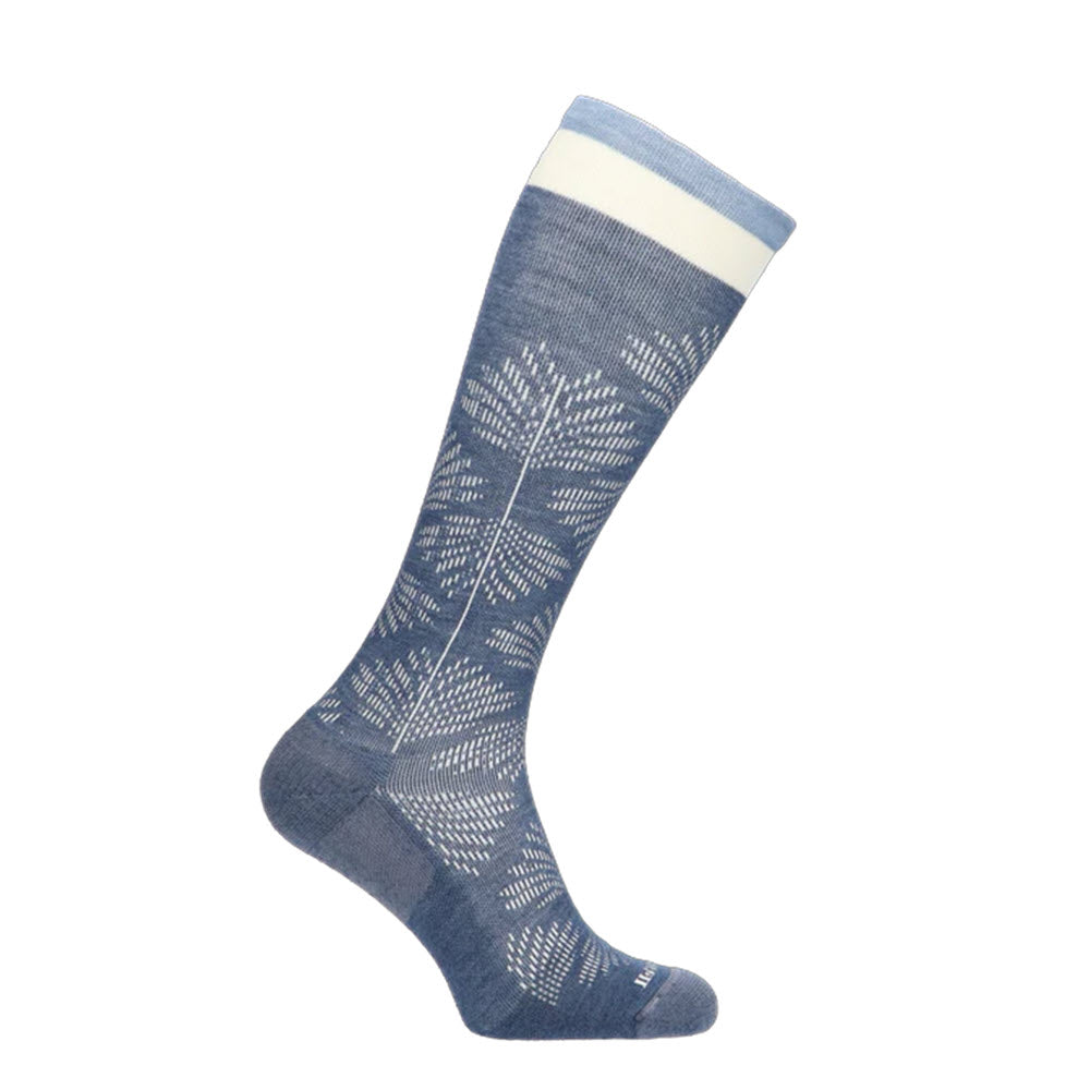 A single blue compression stocking with a patterned design, displayed against a white background, such as the Sockwell Full Floral Denim 15-20mmHg.