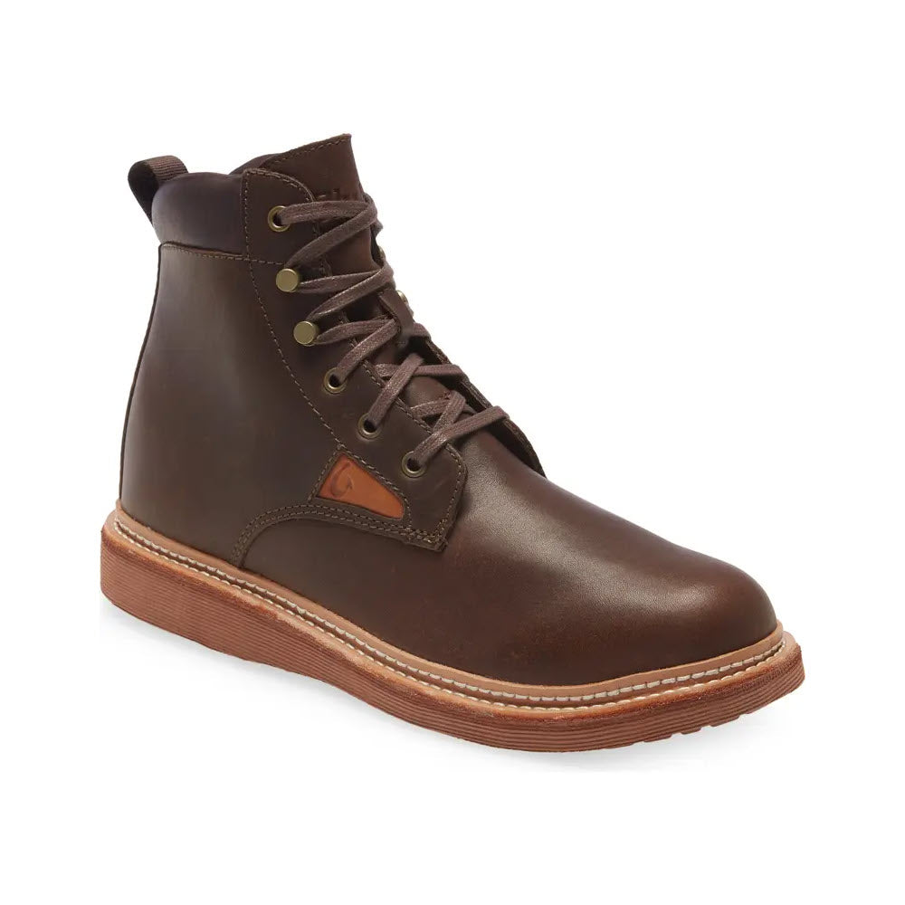 A single Olukai Kilakila Lace Boot in Dark Wood for men with lace-up front and a loop on the back, set against a white background.