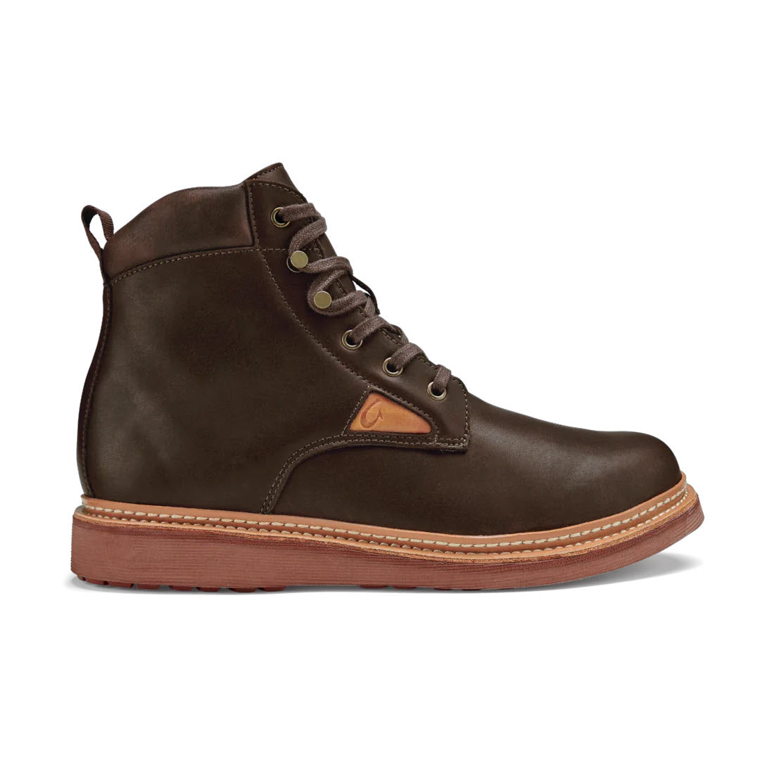 A single Olukai Kilakila Lace Boot Dark Wood - Mens with a rubber sole and lace-up front, isolated on a white background.