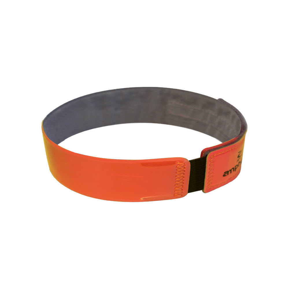 Amphipod orange reflective running armband with a black adjustable buckle and Stretch-Fit™ design logo on a white background.