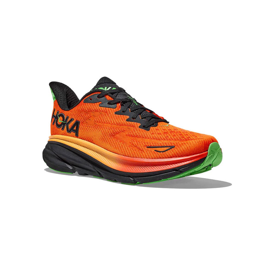 Bright orange HOKA CLIFTON 9 FLAME/VIBRANT ORANGE - MENS running shoe with black laces, logo on side, and an improved outsole design displayed against a white background.