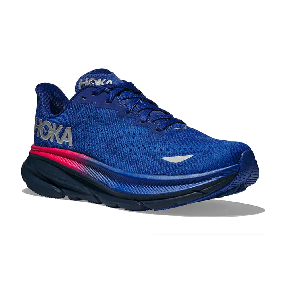 Blue Hoka Clifton 9 GTX Dazzling Blue/Evening Sky running shoe with a thick black and pink sole, featuring the brand logo on the side.