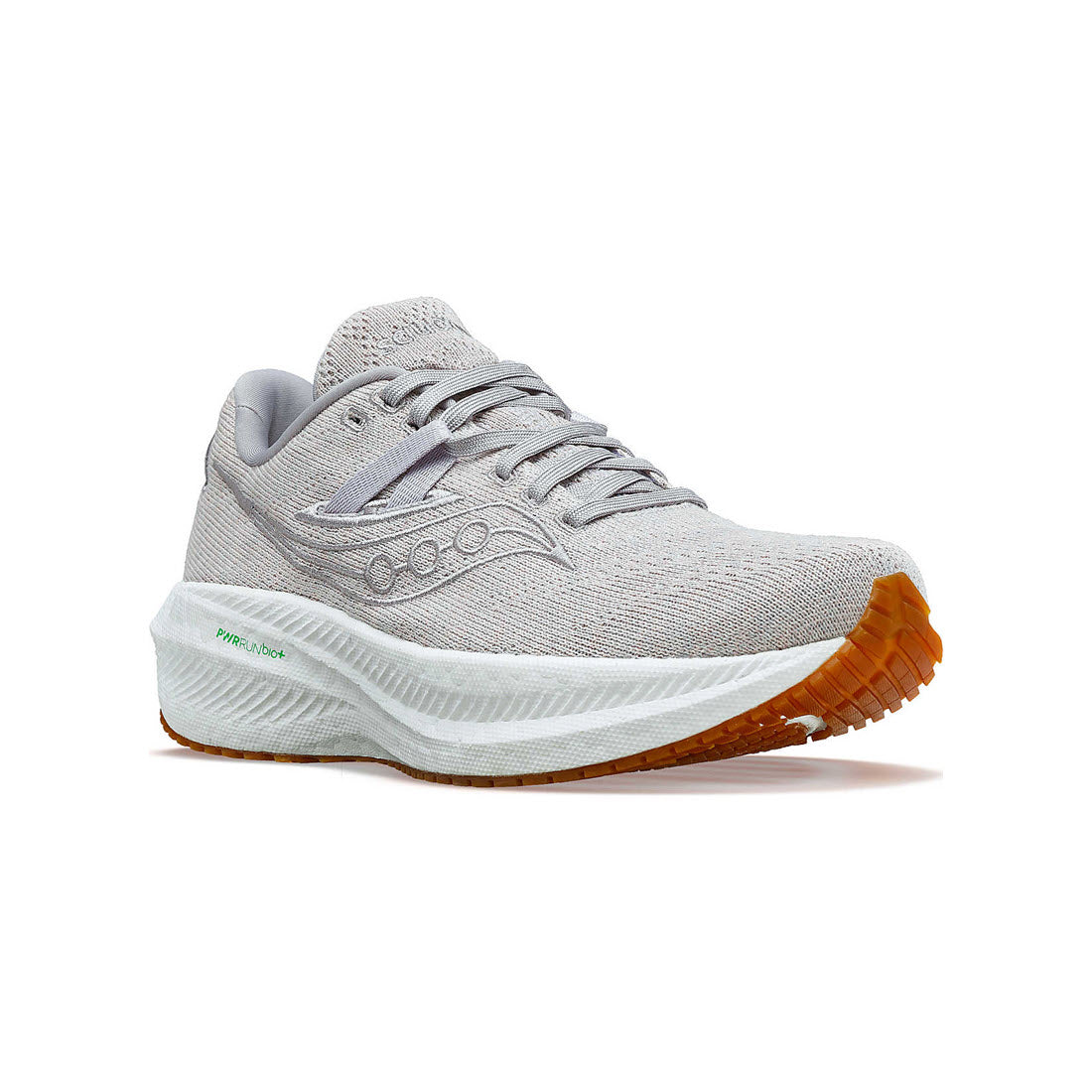 A single Saucony Triumph RFG Mauve running shoe with a white foam sole and orange tread made from sustainable cushioning, featuring a visible logo on the side.