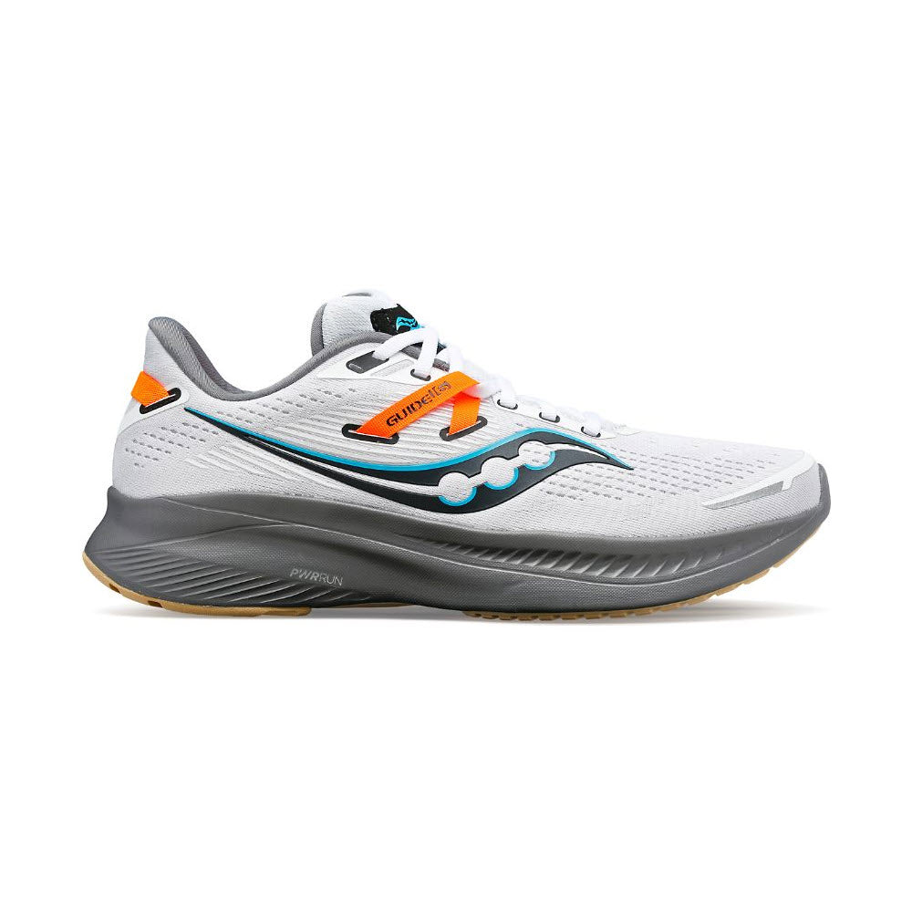 A Saucony Guide 16 white and gravel running shoe with blue and orange accents and a curved, cushioned support sole design, displayed against a white background.