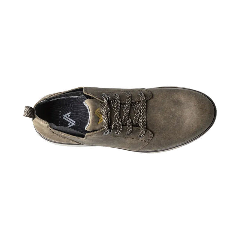 Top view of a single Forsake Davos Mid Loden waterproof-grade leather shoe with laces on a white background.