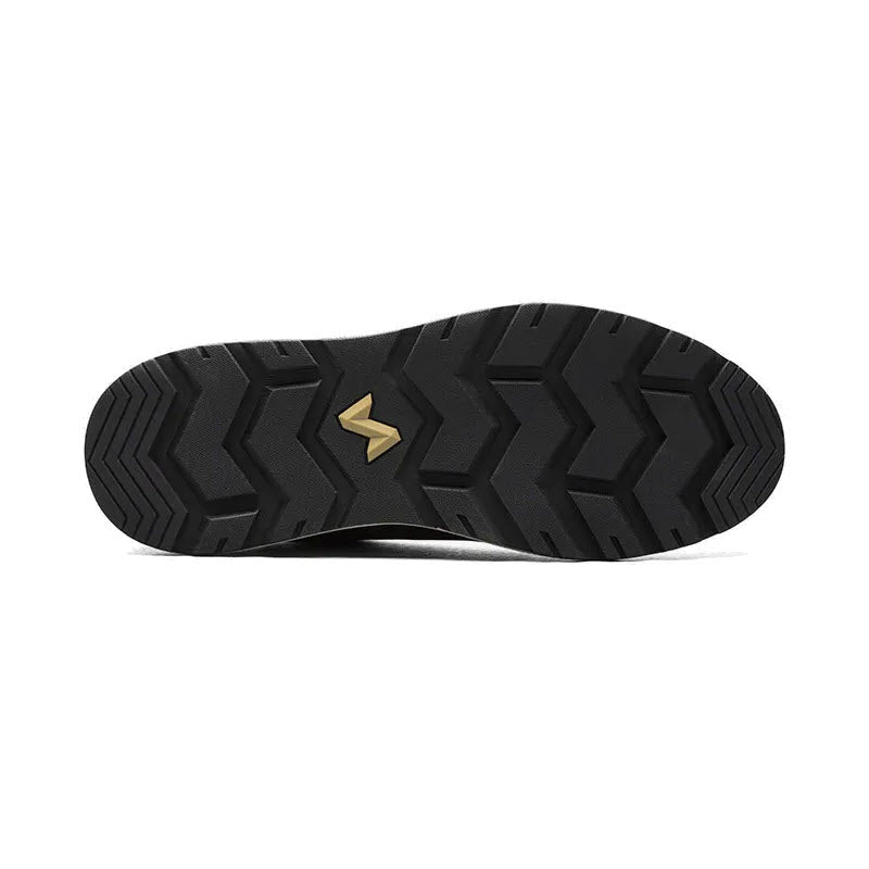 Black shoe sole with Forsake Davos Mid Loden Waterproof - Mens outsole and a single gold triangle logo at the center.