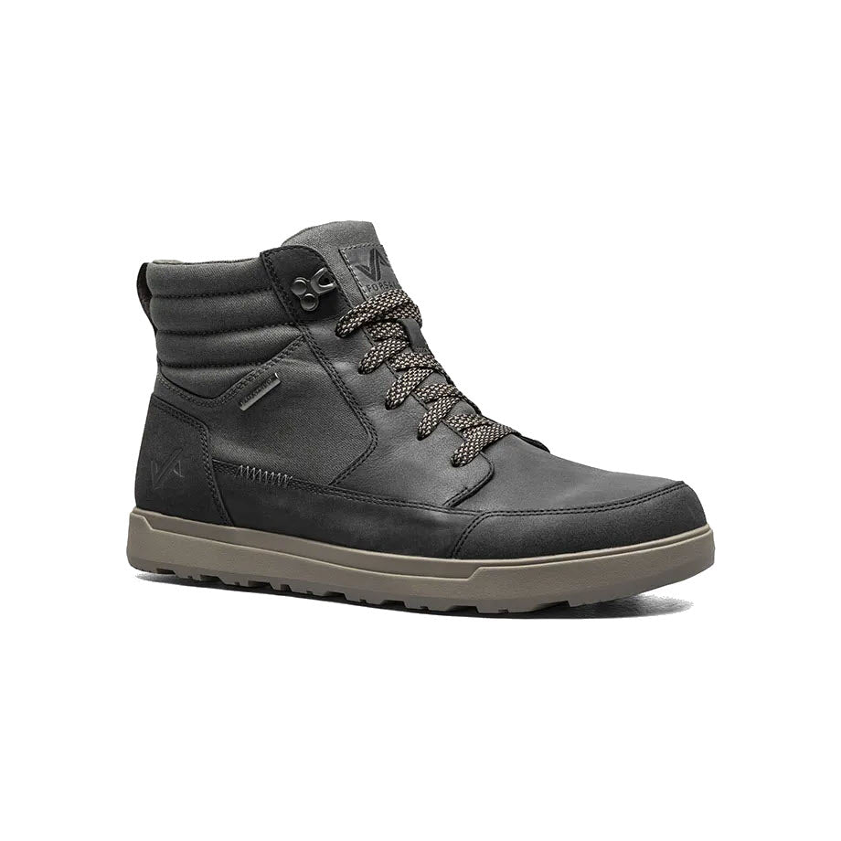 A single black Forsake Mason High Boot Waterproof sneaker with textured laces and a tan, Peak-to-Pavement® outsole, displayed against a plain white background.