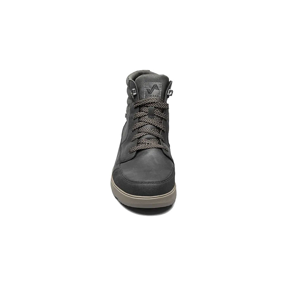 A single Forsake Mason High Boot Waterproof Black - Mens high-top sneaker with gray laces and trim, featuring a Memory Foam footbed, isolated on a white background.