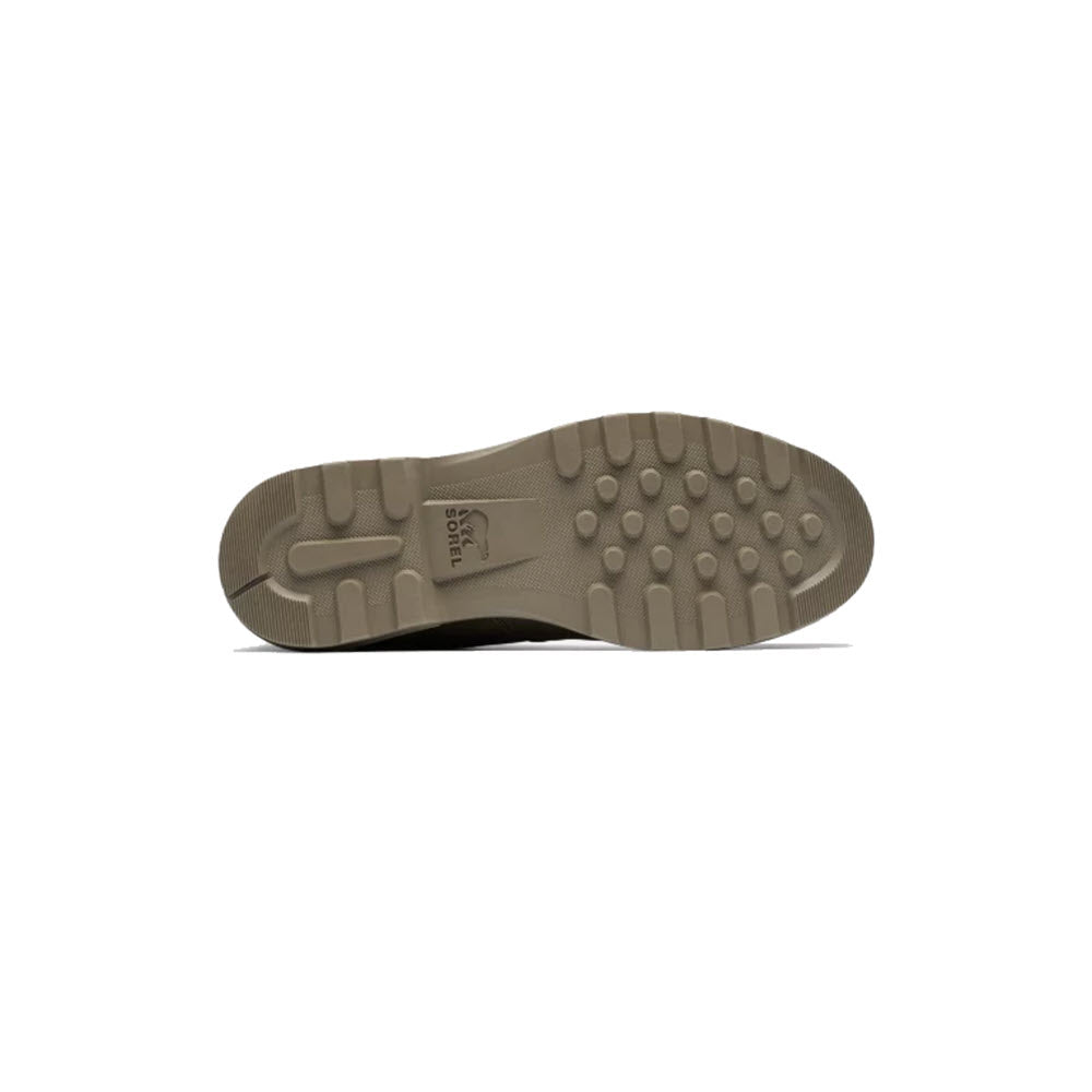Bottom view of a single ancient fossil-colored Sorel Carson Chelsea Boot Slip On Waterproof Major Ancient Fossil - Mens with a molded rubber sole featuring round grips, displayed on a white background.