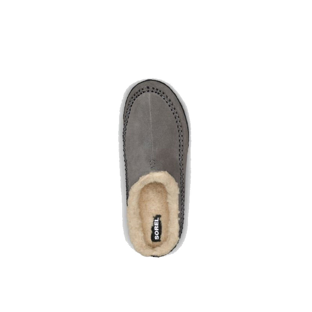 Top view of a single Sorel Falcon Ridge II Slipper Quarry - Mens with white wool lining and a rubber sole on a white background.