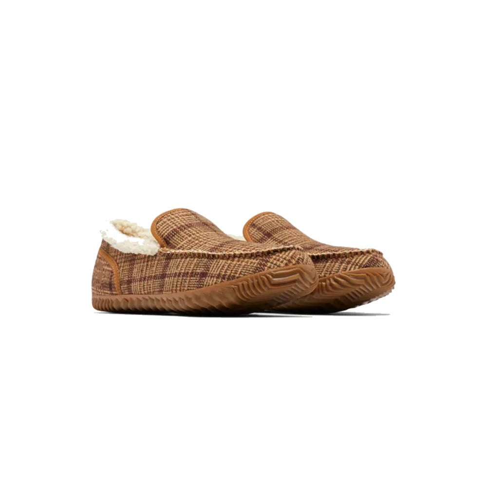 A pair of Sorel Dude Moc Elk Gum slippers with a fluffy faux fur lining and a textured vulcanized rubber sole, isolated on a white background.