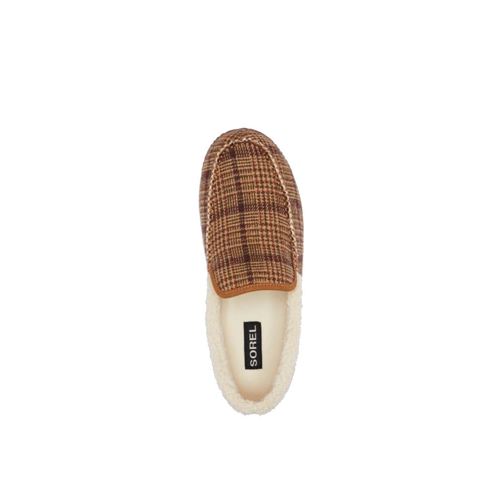 A single Sorel Dude Moc Elk Gum slip-on shoe with a brown plaid pattern and a faux fur lining, displayed against a plain background.