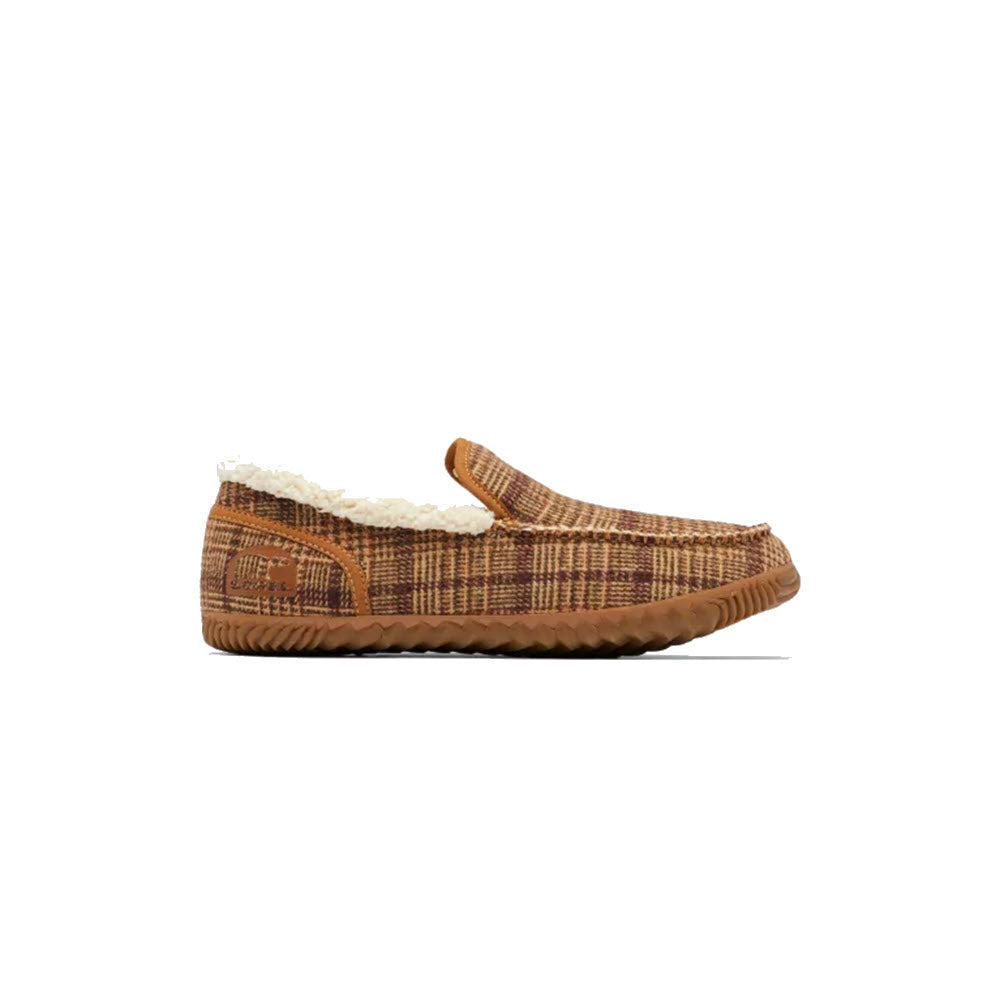 Plaid-patterned slipper with a faux fur lining and a segmented rubber sole, isolated on a white background, Sorel DUDE MOC ELK GUM - MENS.