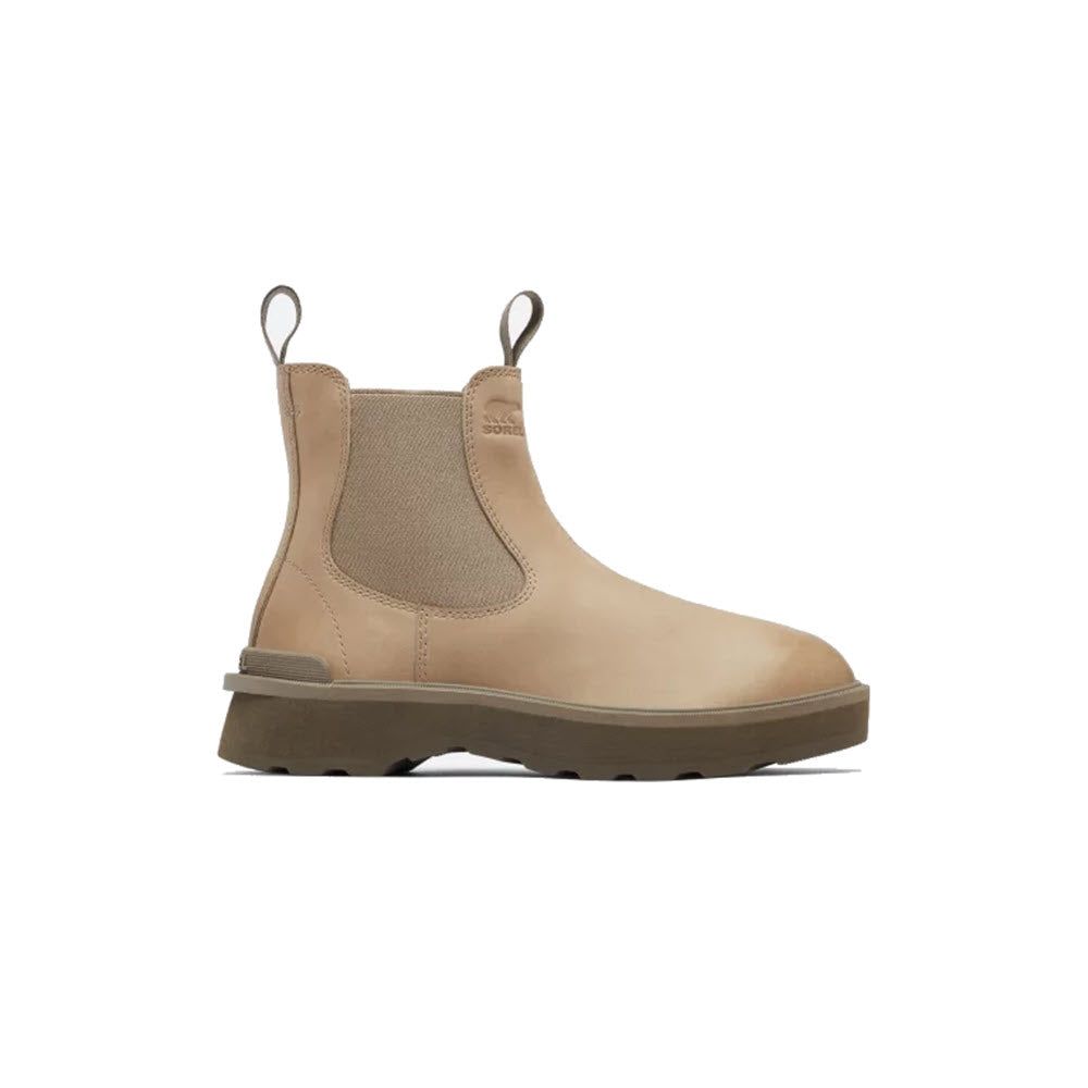 A pair of beige SOREL HI-LINE CHELSEA OMEGA TAUPE boots crafted from waterproof leather with thick rubber soles, featuring pull tabs on both the front and back of the ankle area.