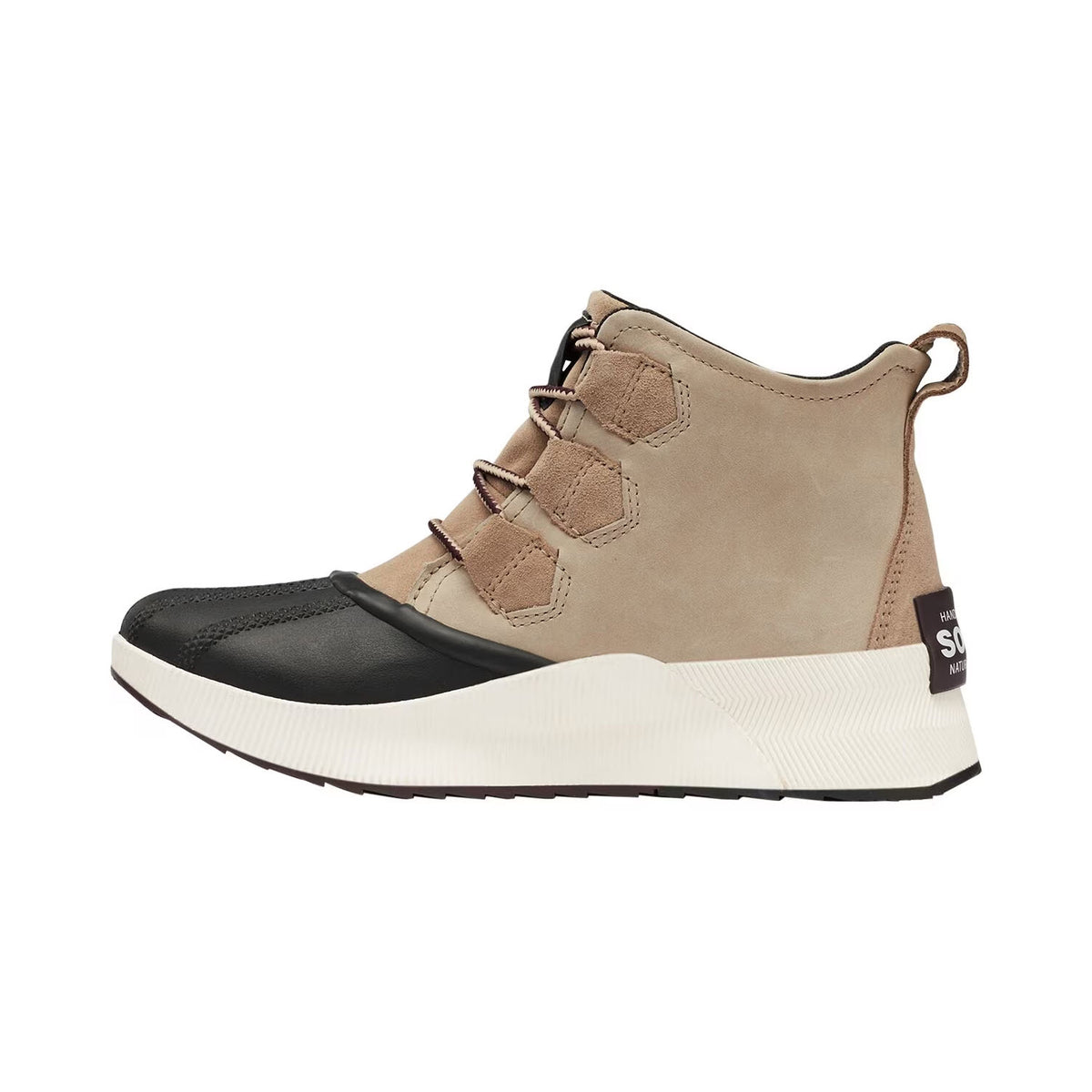 Beige and black SOREL OUT N ABOUT III CLASSIC OMEGA TAUPE - WOMENS waterproof ankle boot with hook-and-loop strap closures and a chunky white sole, isolated on a white background.