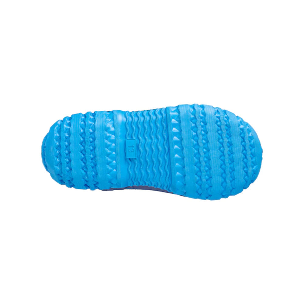 Blue rubber dog chew toy shaped like a Perfect Storm Cloud High Space - Kids pull-on boot, with textured tread, isolated on a white background.