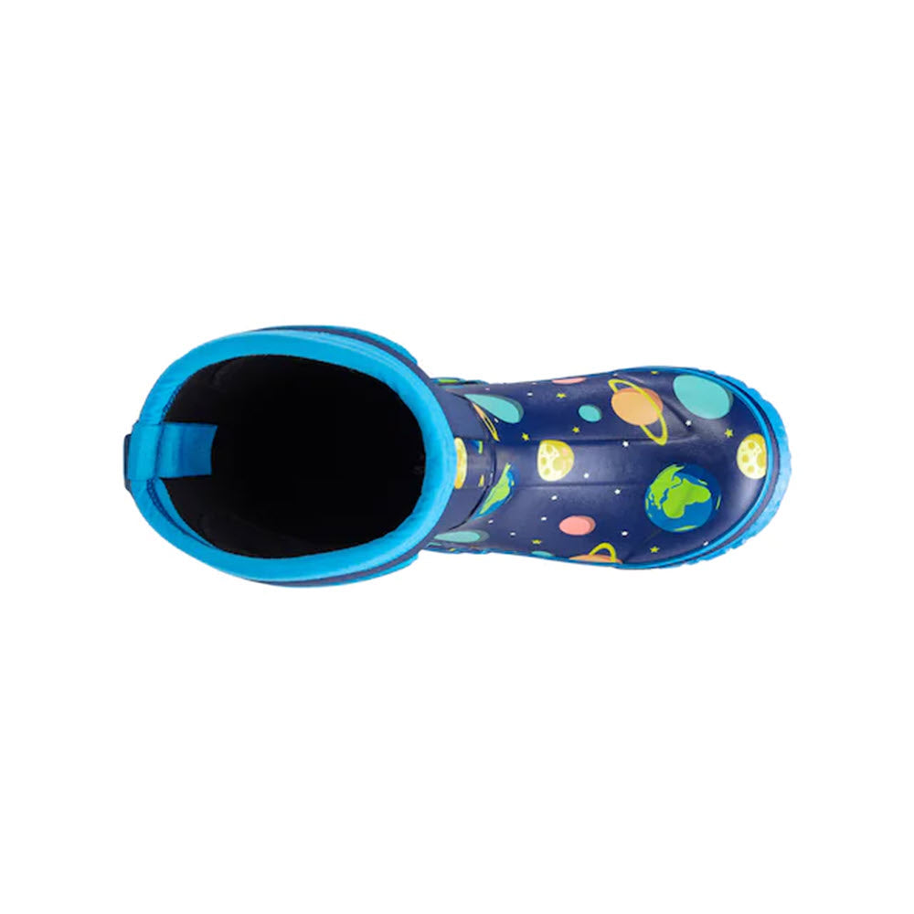 Top-down view of a Perfect Storm Cloud High Space - Kids pull-on boot featuring a cosmic space design with colorful planets and stars on a dark blue background.
