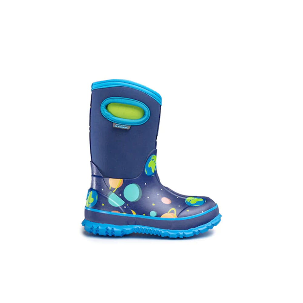 A Perfect Storm Cloud High Space - Kids blue pull-on boot with green and yellow leaf patterns and a bright blue sole, displayed on a white background.