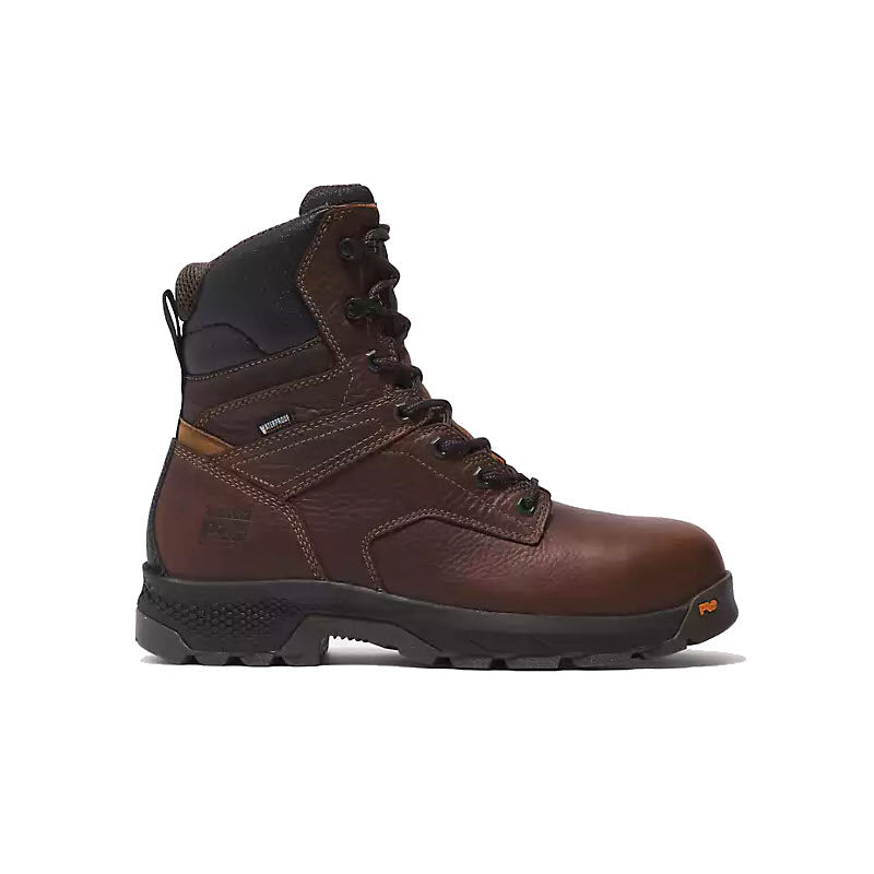 A single brown leather Timberland TiTAN® boot with black details and a rugged sole, displayed on a white background.