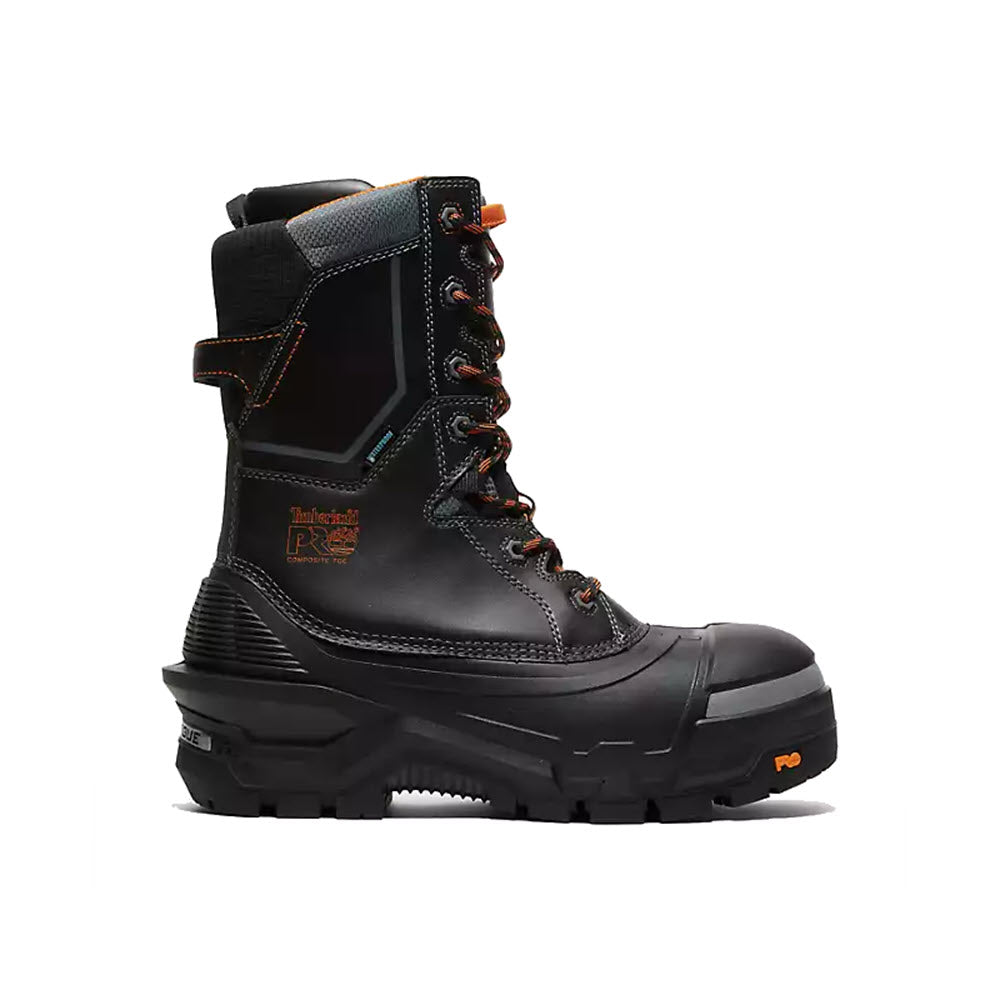 A black Timberland CT Pac Max 10 Inch Waterproof Insulated work boot with orange accents, anti-fatigue technology, and electrical hazard protection on a white background.