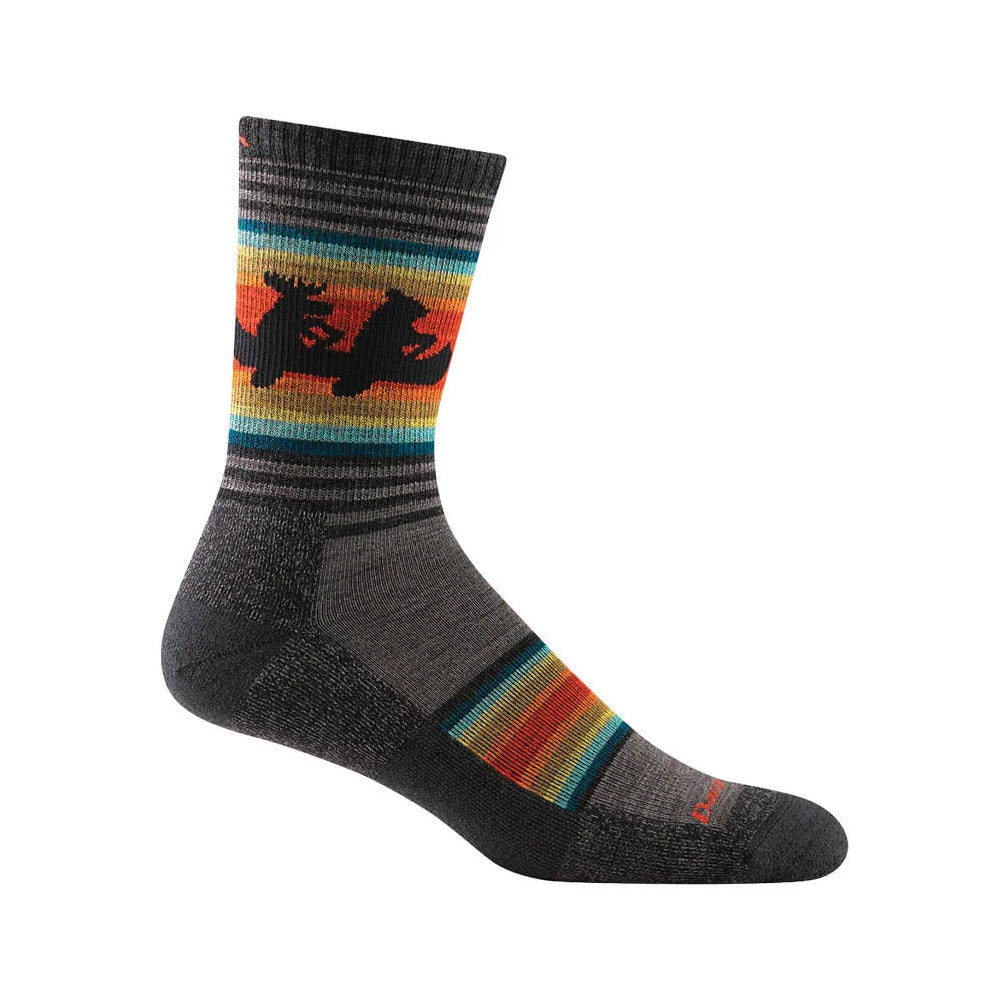 A single hiking sock crafted from Merino wool, featuring a gradient design with black at the toe and heel, transitioning to colorful stripes and a bear silhouette around the ankle. Introducing the Darn Tough Willoughby Micro Crew Socks Taupe - Mens.