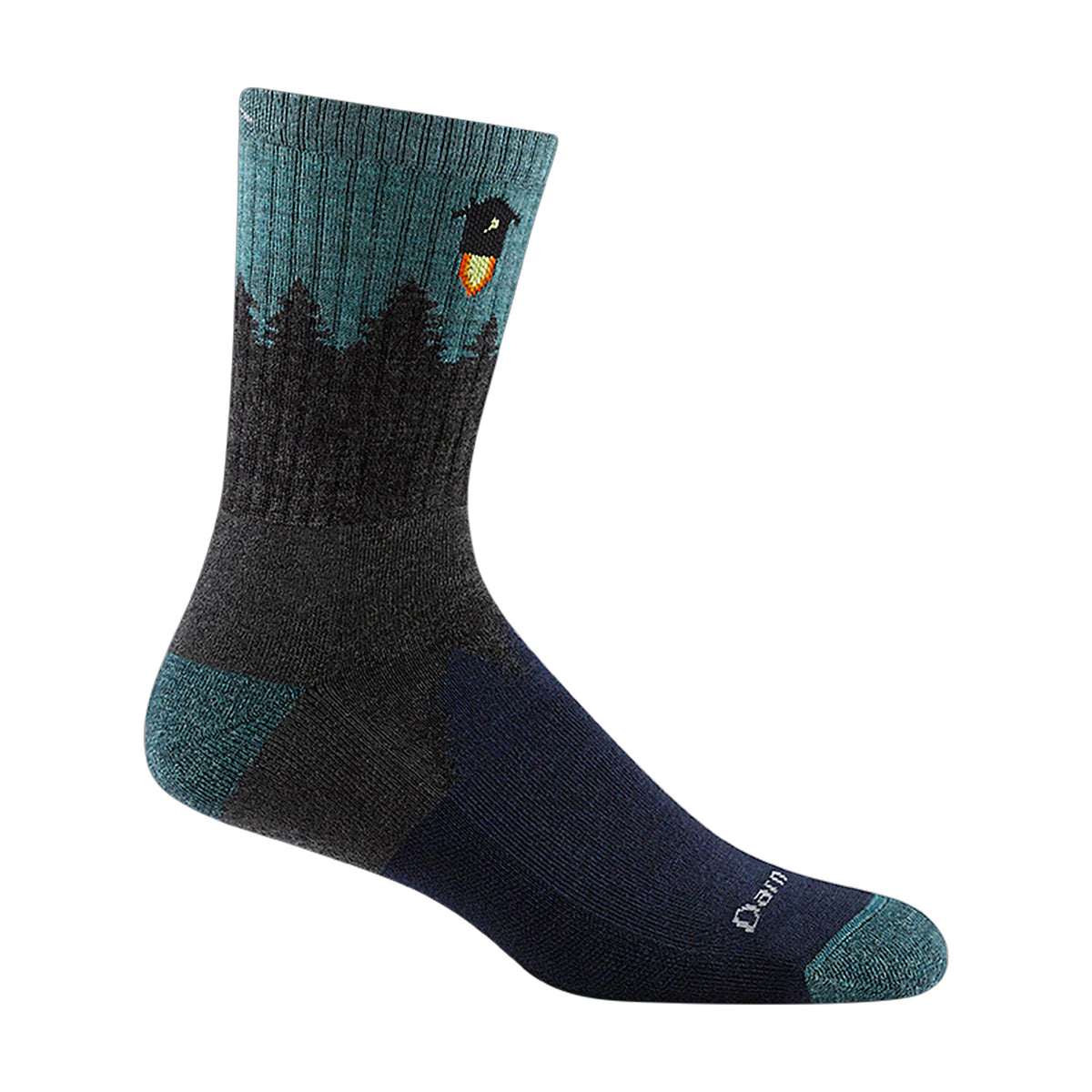 A single Darn Tough Number 2 Gray hiking sock with a stylized nature design and a small orange logo displayed against a white background.
