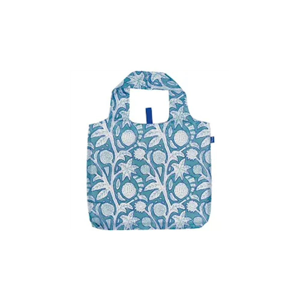 Blue BLU BAG FAR EAST reusable shopper bag with leaf and floral pattern, featuring built-in handles by Rockflowerpaper.