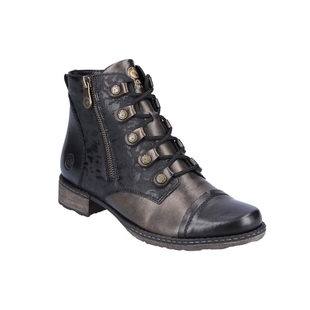 Remonte Black leather ankle boot with a distressed finish, featuring laced-up front with metallic eyelets, zippered side, and a low block heel. This Remonte women&#39;s boot includes a removable footbed for added comfort.