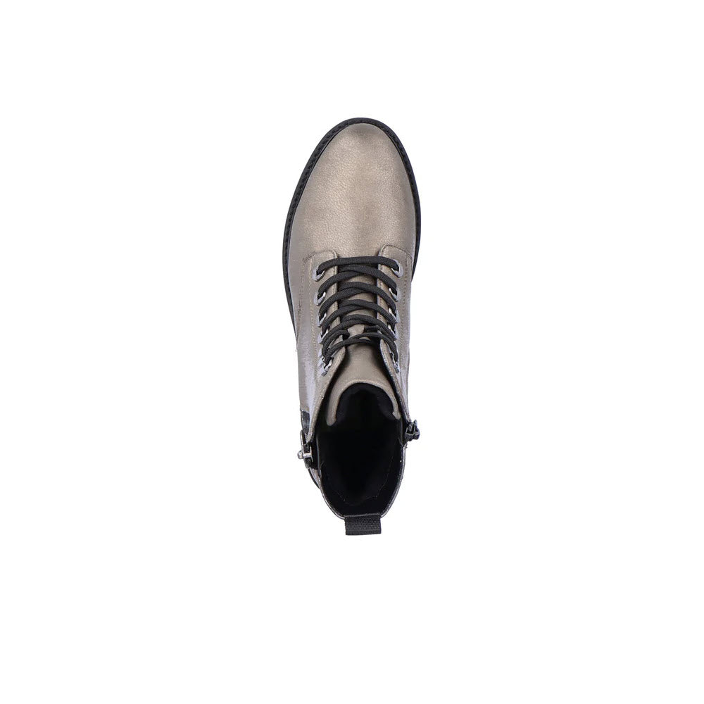 A single silver metallic Remonte Tailored Combat Bootie with laces, a zipper, and a chunky cleated sole, viewed from above on a white background.