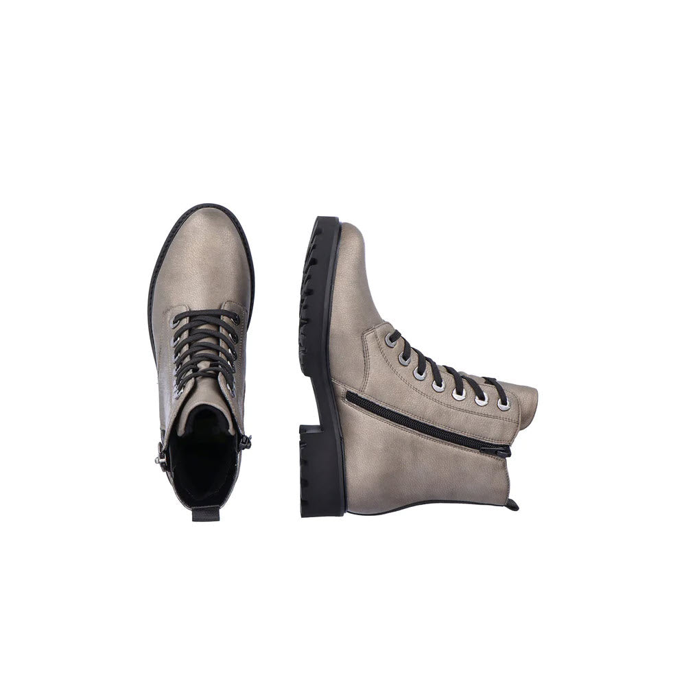 A pair of Remonte Tailored Combat Bootie Silver Metallic ankle boots with black soles and laces, displayed side by side against a white background.