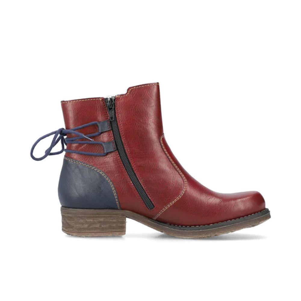 Rieker red leather ankle bootie with blue details and a side zipper, displayed against a white background.
