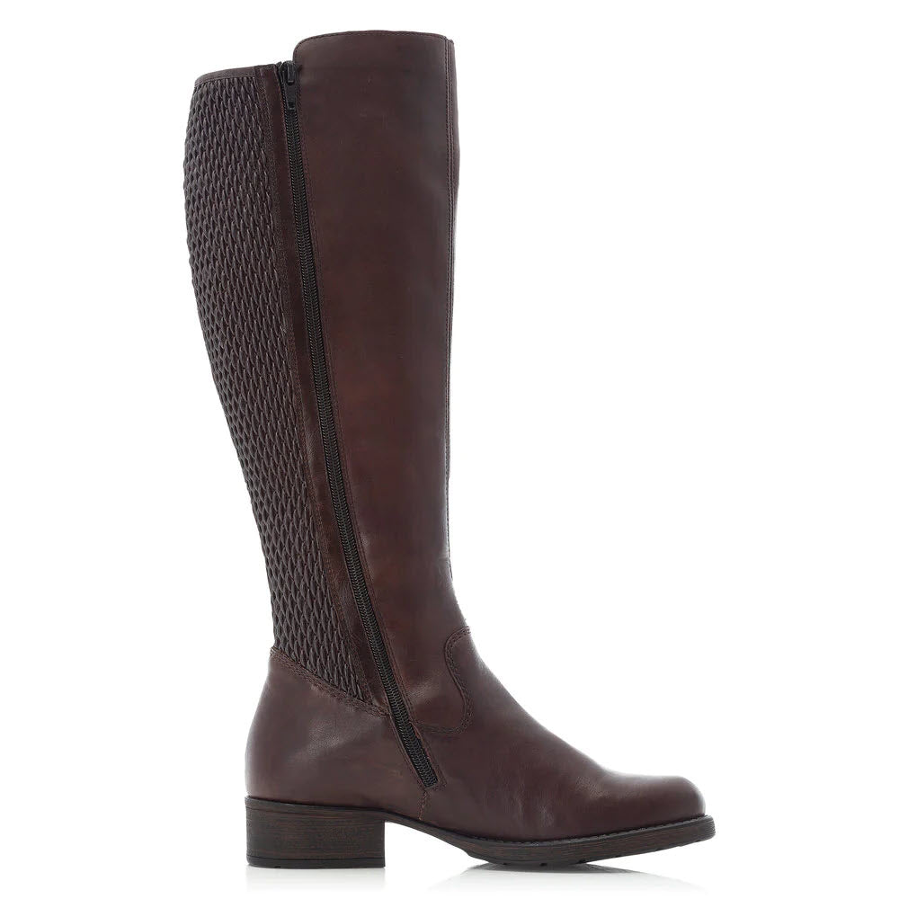 A Rieker Faith 91 Chocolate - Womens knee-high riding boot with a full side zipper and a woven pattern elastic back panel, displayed on a white background.