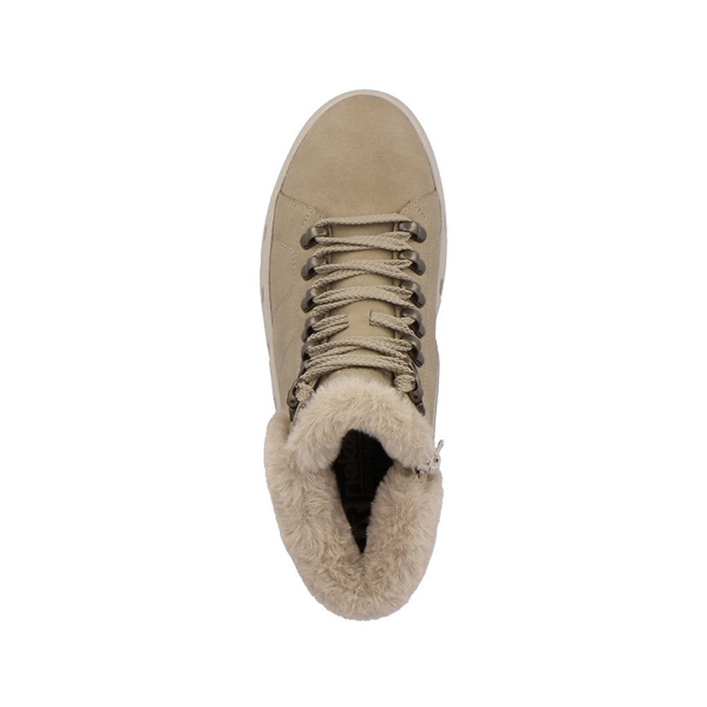Top view of a taupe Revolution Revolution City Hiker with Sherpa cuff, fur-lined and laced, isolated on a white background.