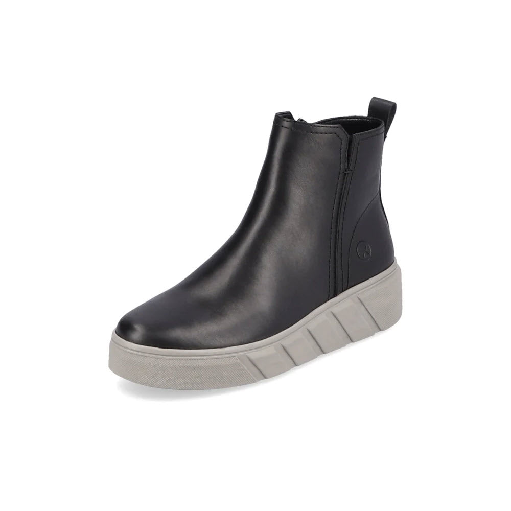 Revolution black leather high-top sneaker with a removable memory foam insole and a thick gray rubber sole, displayed on a white background.