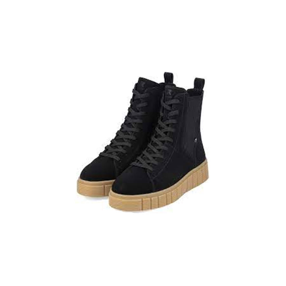 A pair of black Revolution Revolution Platform City Lace Mid Bootie high-top sneakers with thick tan soles, isolated on a white background.