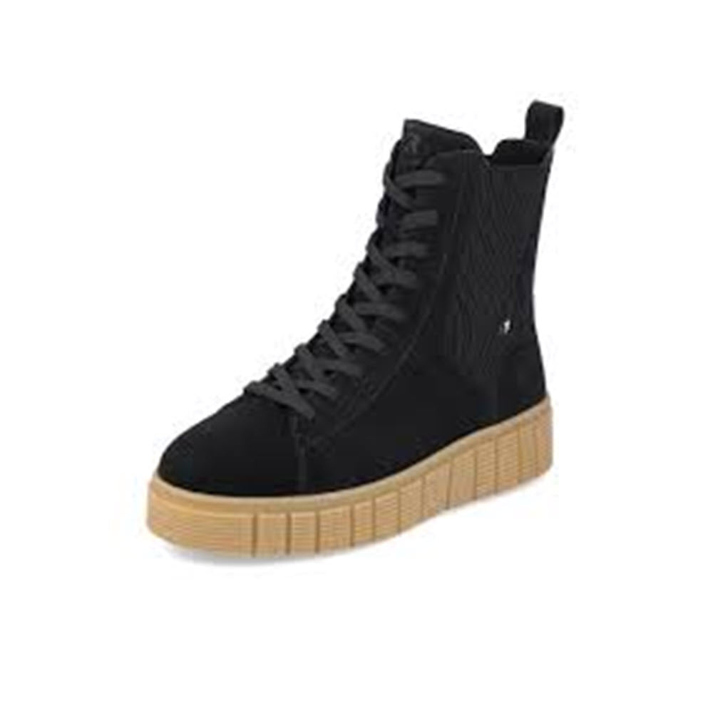 REVOLUTION high-top sports shoes with textured sidewalls and thick tan sole, isolated on a white background.