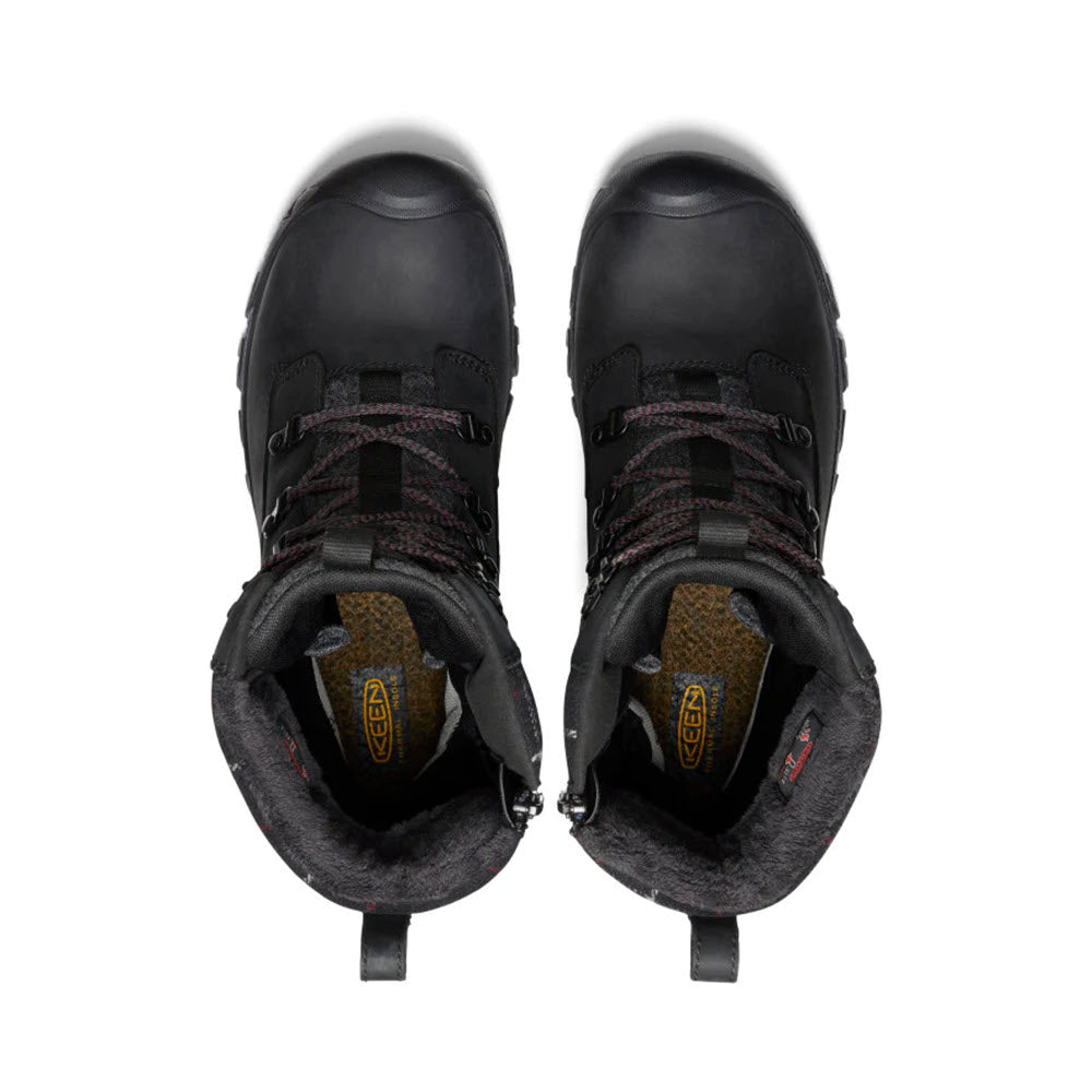 Pair of Keen Greta Tall Boots Black - Womens viewed from above, showing laces and designed with 200g insulation.