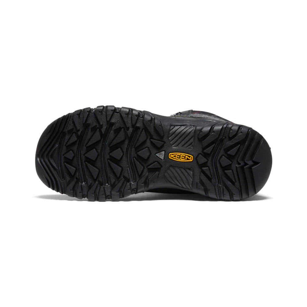 Sole of a Keen Greta Tall Boot Black - Womens hiking shoe with an intricate tread pattern designed for cold-weather traction and a visible Keen brand logo.