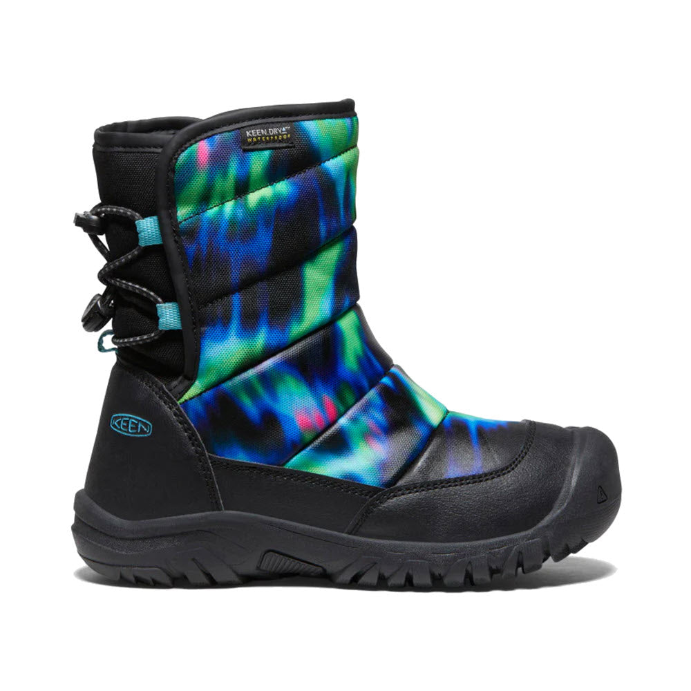 A colorful Keen Puffrider Northern Lights kids' snow boot with a thermal print on the shaft and a black rubber sole, designed for cold weather.